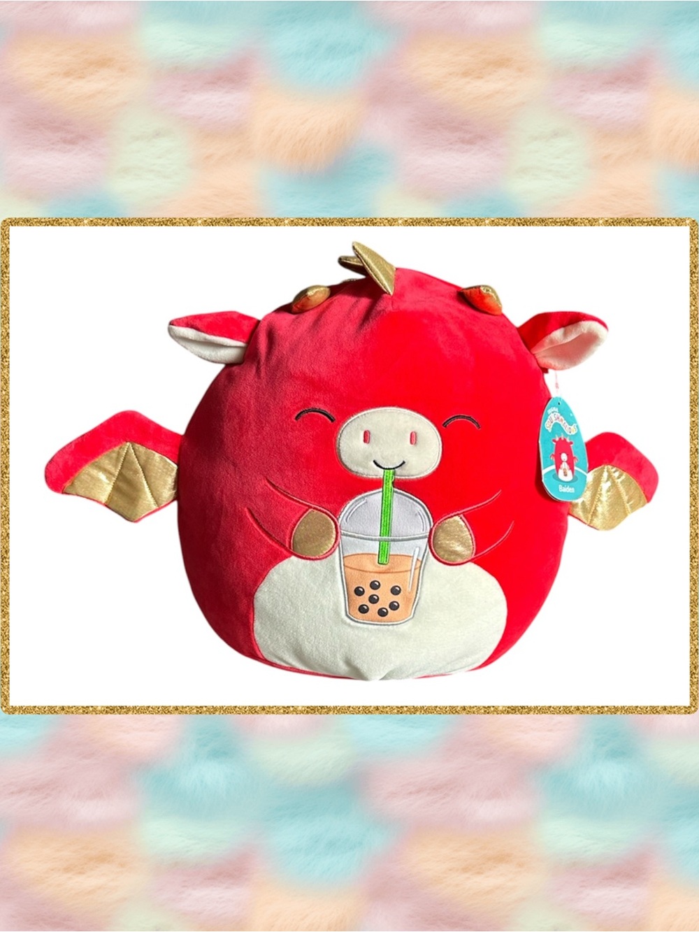 NWT 12" Squishmallow Baiden the Red Dragon with Boba Cup Plush